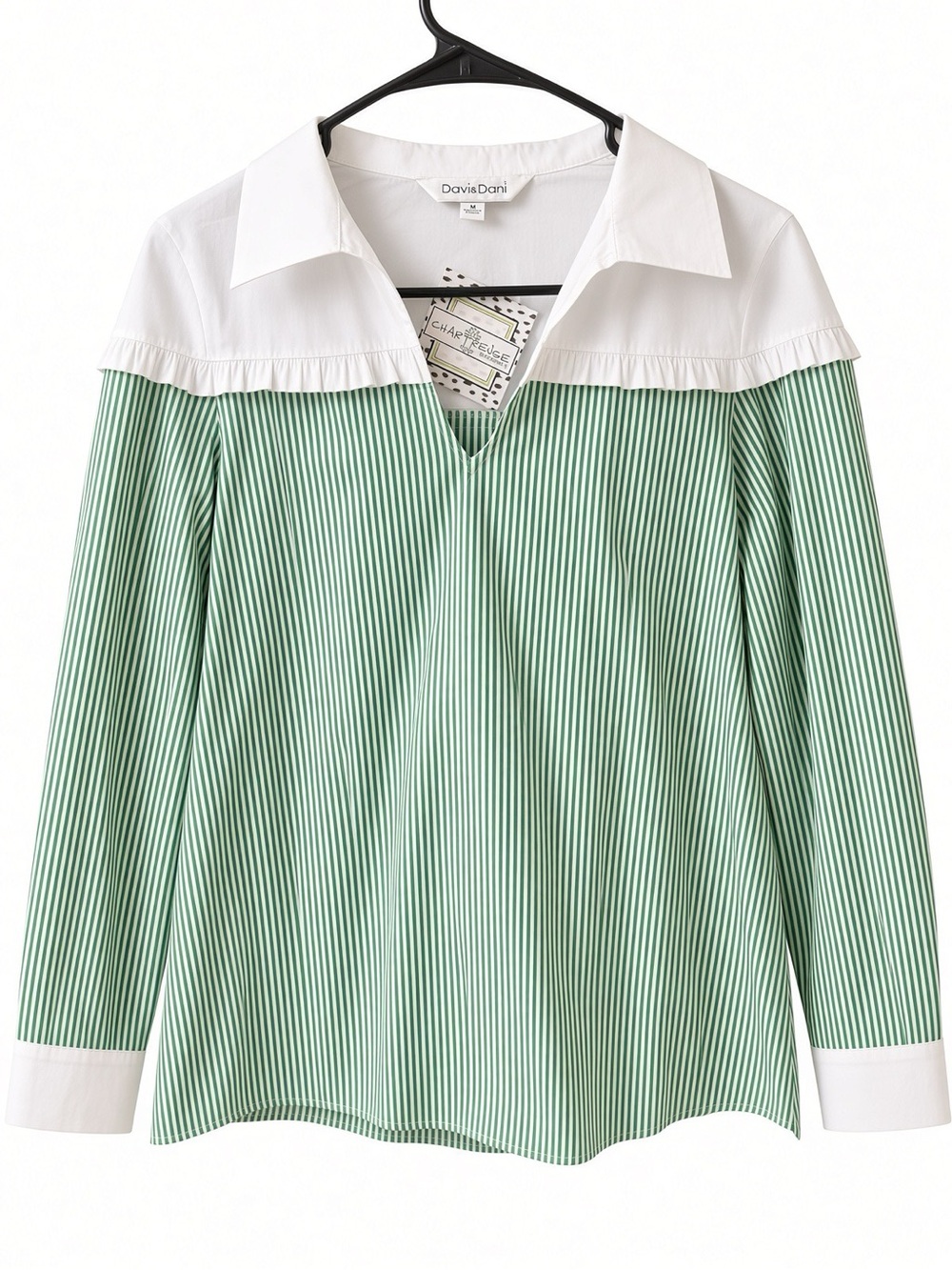 Davi & Dani Green White Stripe Ruffle Collar Poplin Boutique Top M NWT